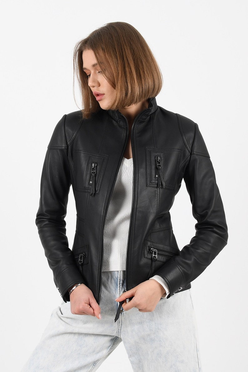 Women's Handmade Black Lambskin Motorcycle Jacket - Image 2