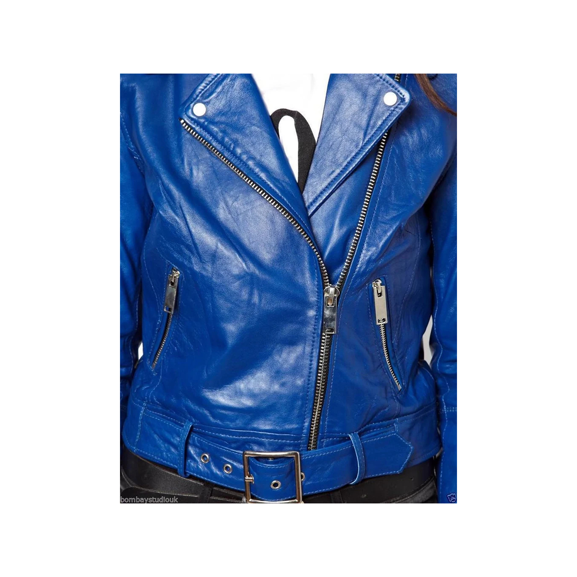 Women's Handmade Blue Lambskin Motorcycle Jacket - Image 3
