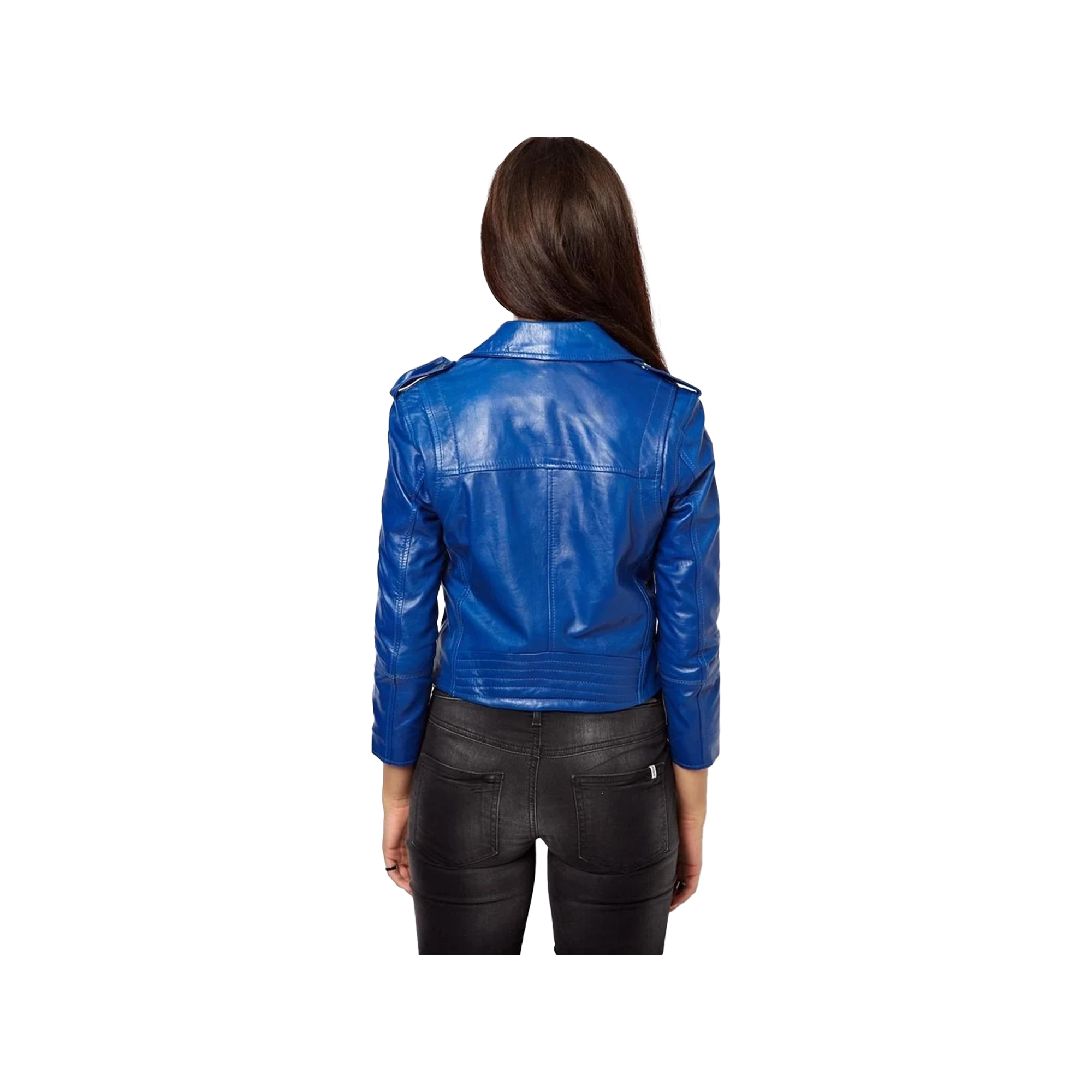 Women's Handmade Blue Lambskin Motorcycle Jacket - Image 4