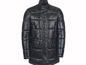 Men's Handmade Black Bomber Down Feather Leather Jacket with Hood