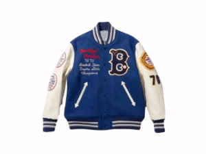Men's Handmade Blue & Beige Varsity Leather Bomber Jacket