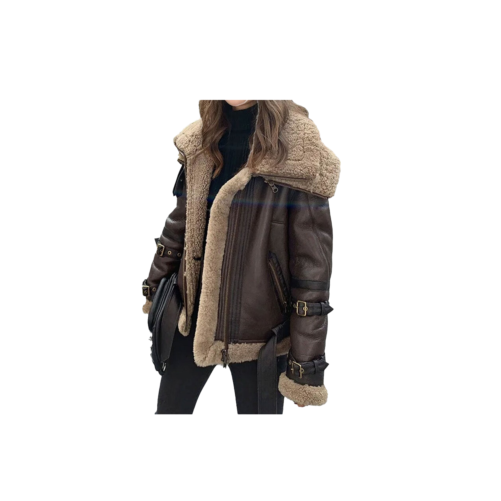 Women's Handmade B3 Bomber Aviator Shearling Leather Jacket - Image 2