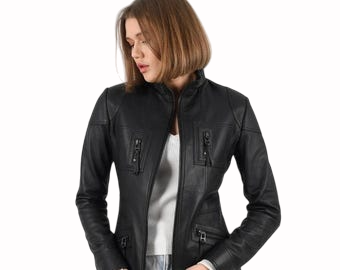 Women's Handmade Black Lambskin Motorcycle Jacket