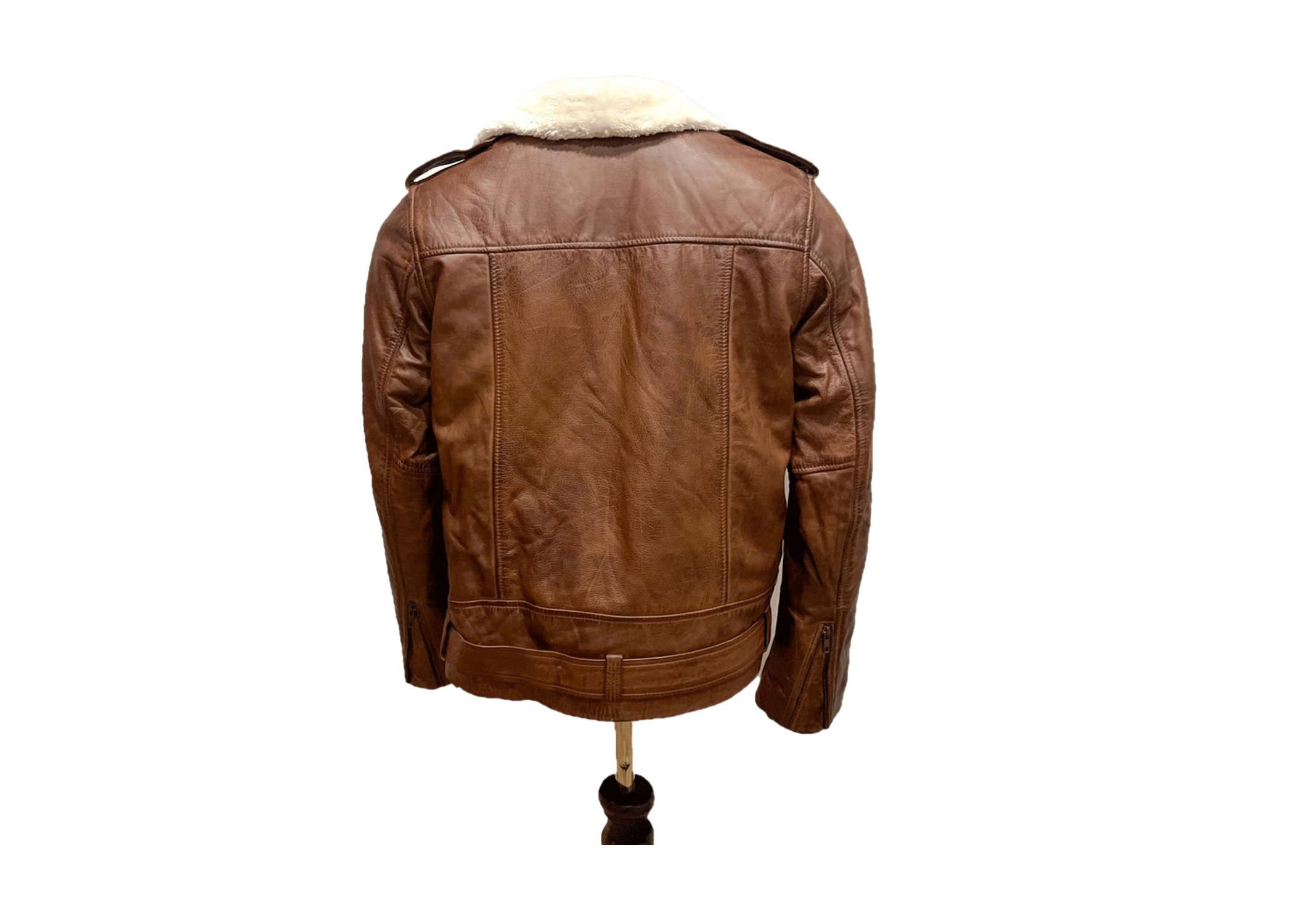 Men's Handmade Brown Cafe Racer Leather Jacket with Fur Collar - Image 5