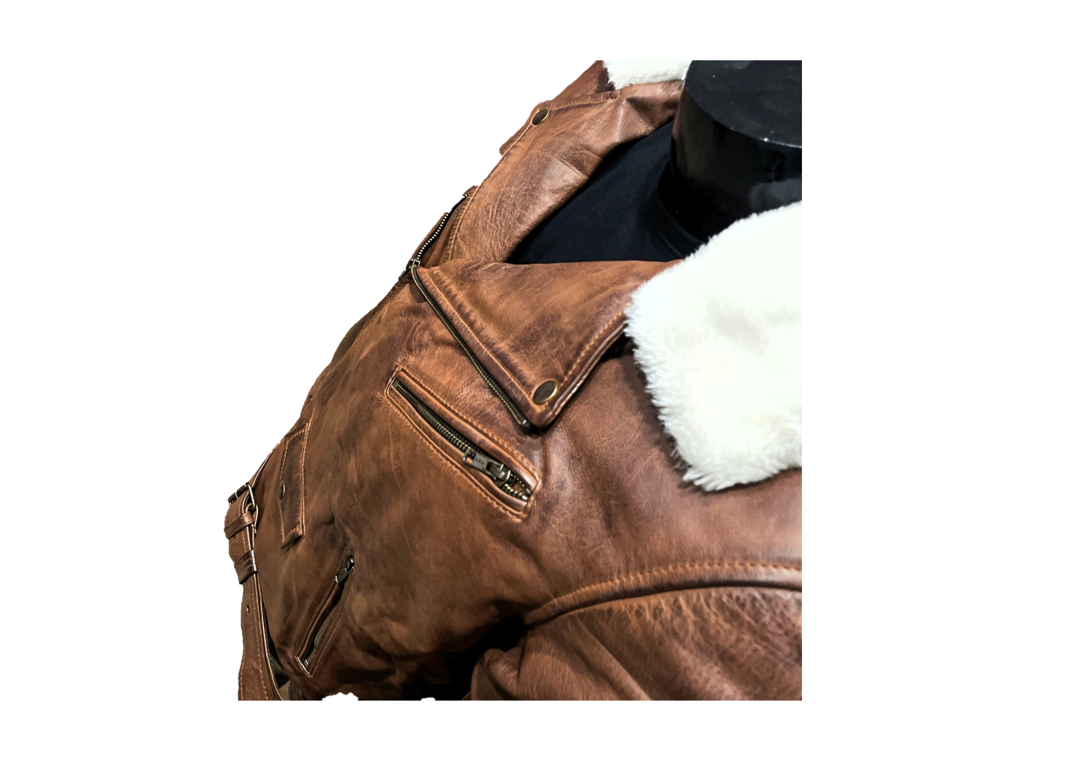 Men's Handmade Brown Cafe Racer Leather Jacket with Fur Collar - Image 3