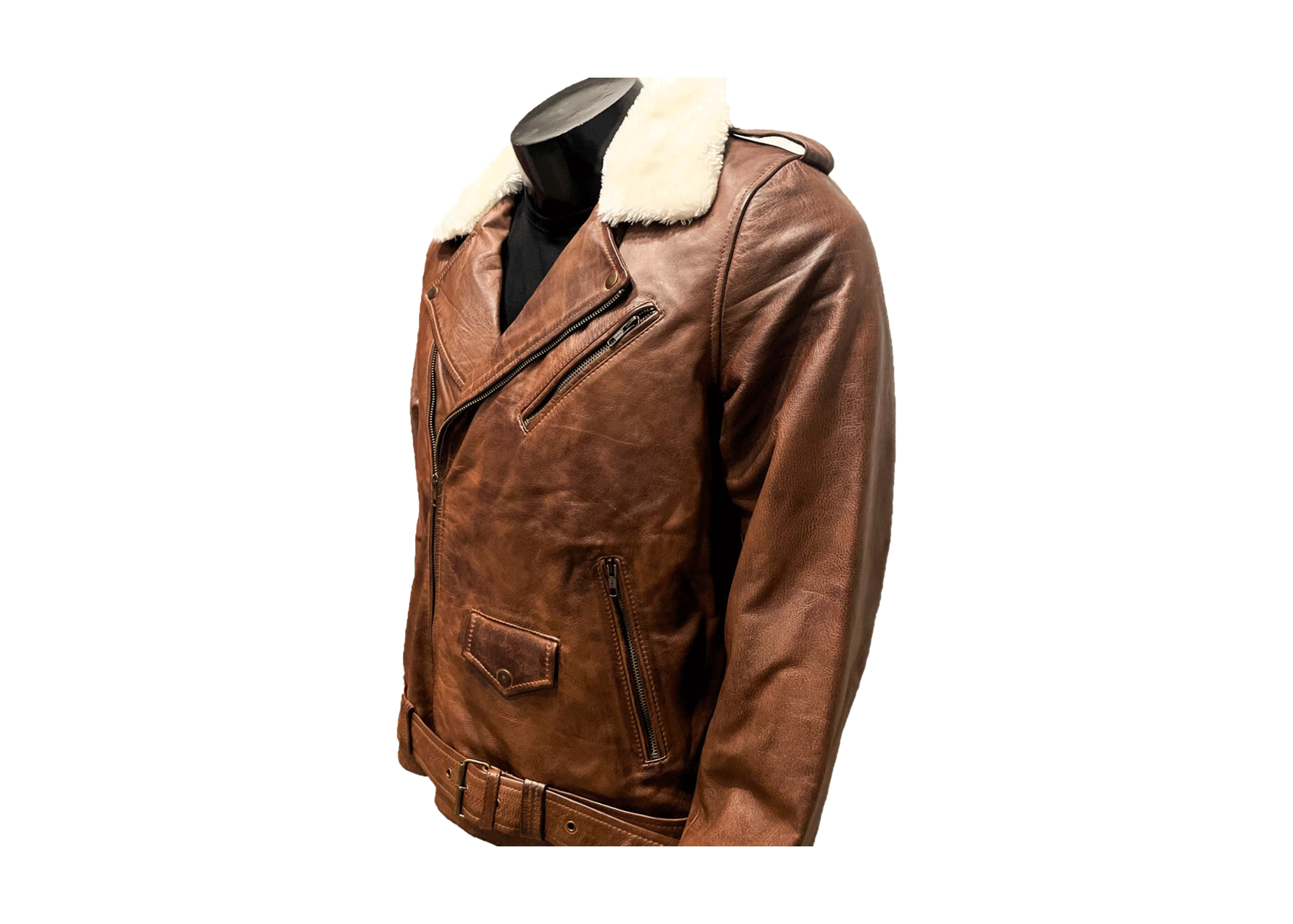 Men's Handmade Brown Cafe Racer Leather Jacket with Fur Collar - Image 2