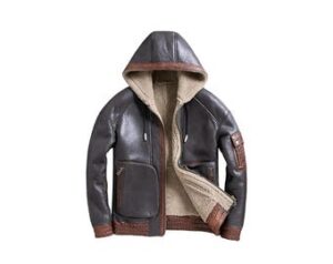 Men’s Bomber Faux Fur Lined Hooded Jacket, Handmade Brown Drawstring Streetwear Leather Jacket.