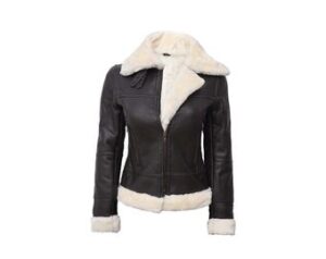 Women's RAF Aviator B3 Bomber Leather Jacket, Women Black Real Leather Sheepskin Faux Fur Jacket, Handmade Faux Fur Shearling Coat.