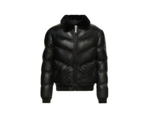 Men's Ace Puffer Leather Jacket, Handmade Black Sheepskin Soft Collar Warm Bomber Jacket,100% Genuine Puffer Jacket, Gift For Him.