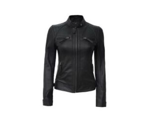Women's Black Cafe Racer Leather Biker Lambskin Jacket ,Handmade Motorcycle Slim Fit Leather Jacket.