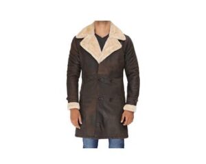 Men's Bomber Fur Shearling Winter Leather Coat, Handmade Brown Faux Fur Long Leather Coat, Gift For Him.