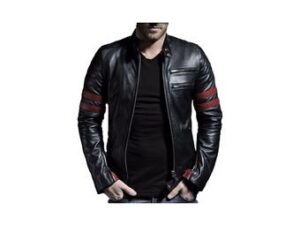 Men's Handmade Black Striped Sheepskin Leather Biker Jacket