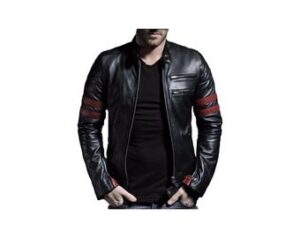 Men's Black Genuine Leather Stylish Striped Motorcycle Jacket, Men's Black Sheepskin Soft Leather Biker Jacket, Black Leather Jacket For Men