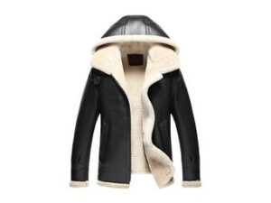 Men's Handmade Black B3 Bomber Shearling Hooded Leather Jacket