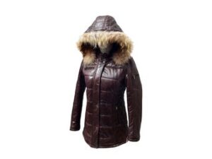 Women's Handmade Brown Bomber Down Feather Leather Jacket with Fur Hood