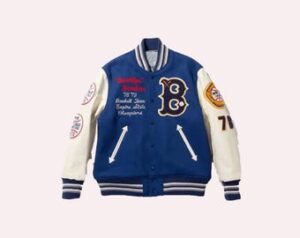 Men's Baseball Bomber Jacket, Handmade Blue Beige Varsity Jacket with Leather Sleeves - Embroidered Letterman Jacket.
