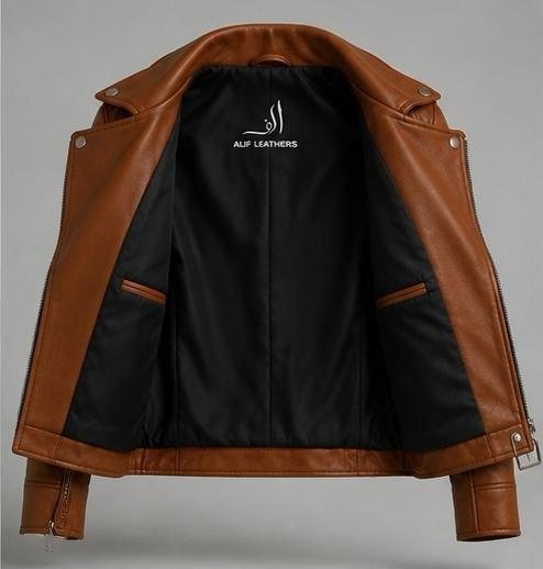 Alif Luxe Cognac Women’s Leather Biker Jacket - Image 2