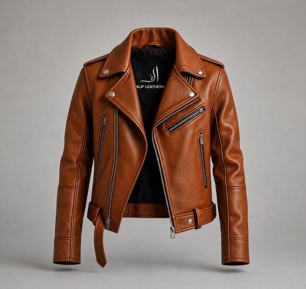 Alif Luxe Cognac Women’s Leather Biker Jacket