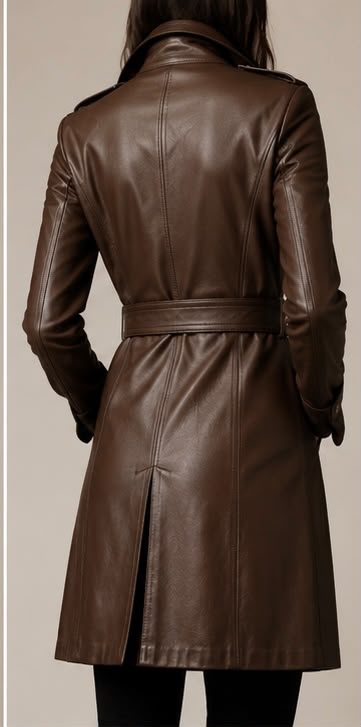 Elegant Women's Long Double Breasted Leather Coat - Image 2