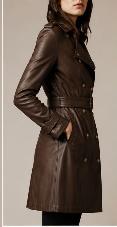 Elegant Women's Long Double Breasted Leather Coat - Image 4