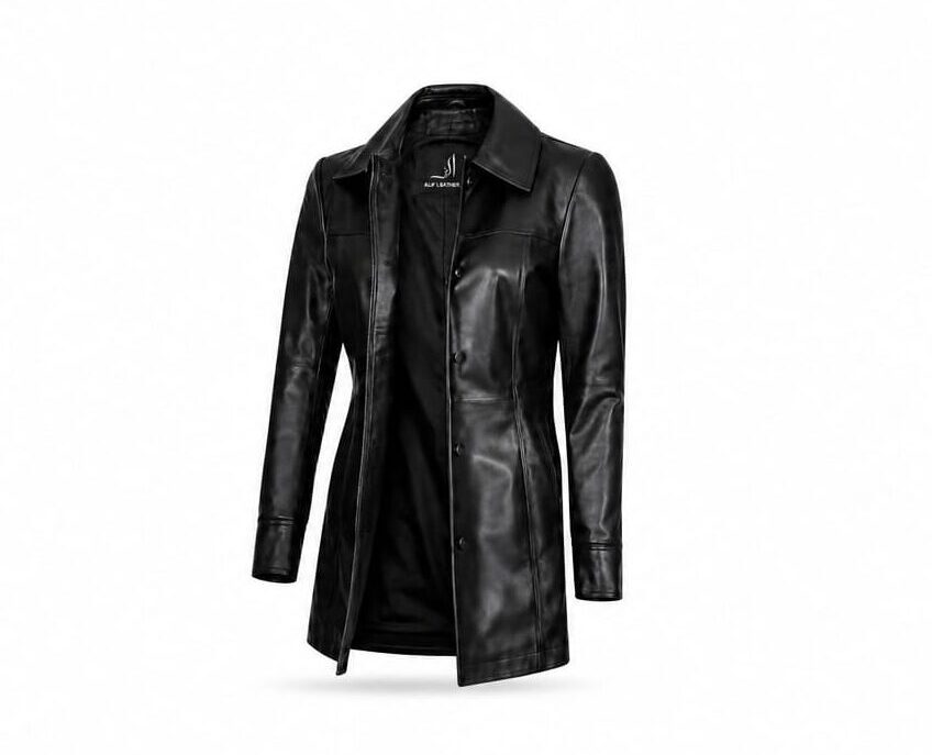 Elegant Women's Long Sheep Leather Coat-Classic Black Premium Outerwear