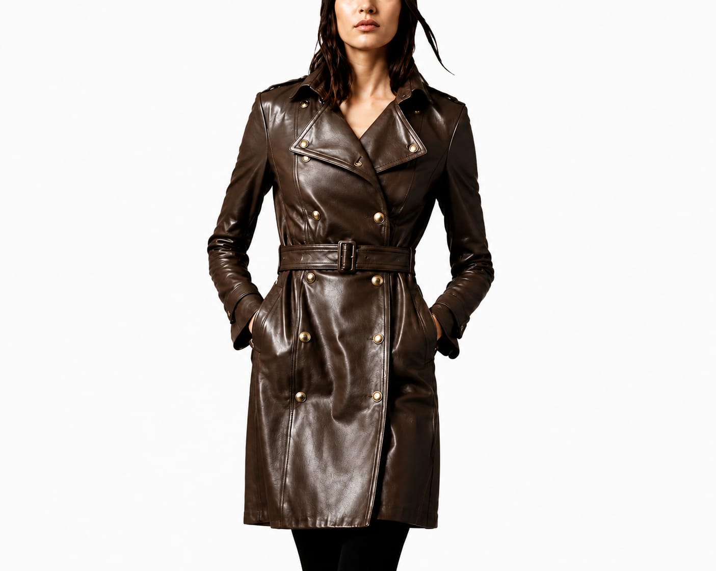 Elegant Women's Long Double Breasted Leather Coat