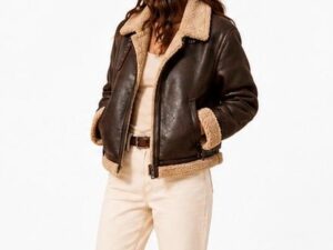 Women’s Premium Brown Shearling Bomber Jacket – Cow Leather Fur Lined Winter Jacket