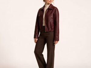 Women’s Premium Maroon Sheep Leather Cropped Jacket – Elegant Zip-Up Fashion Outerwear