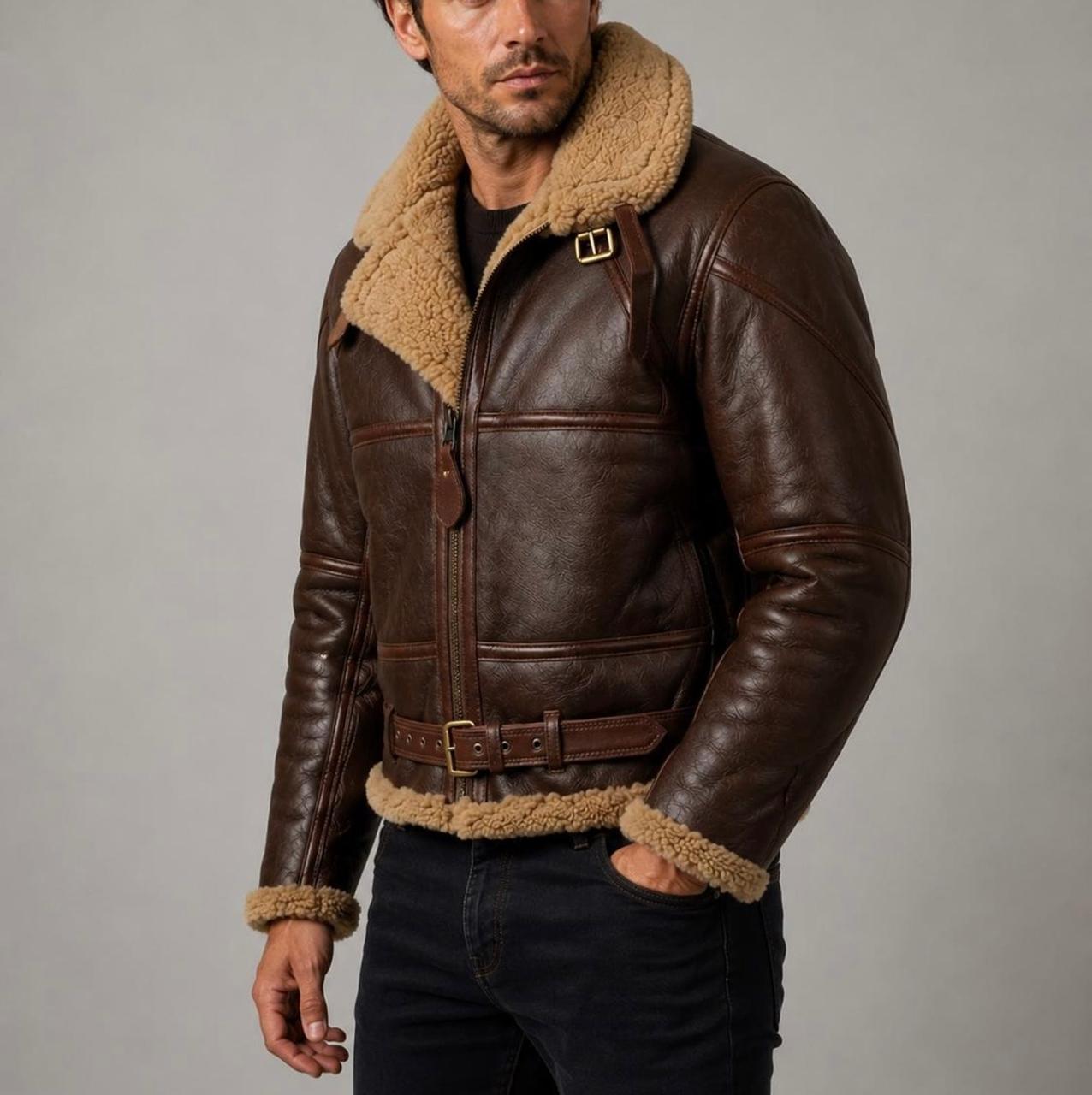 Men’s Genuine Cow Leather Fur-Lined Aviator Jacket - Image 3