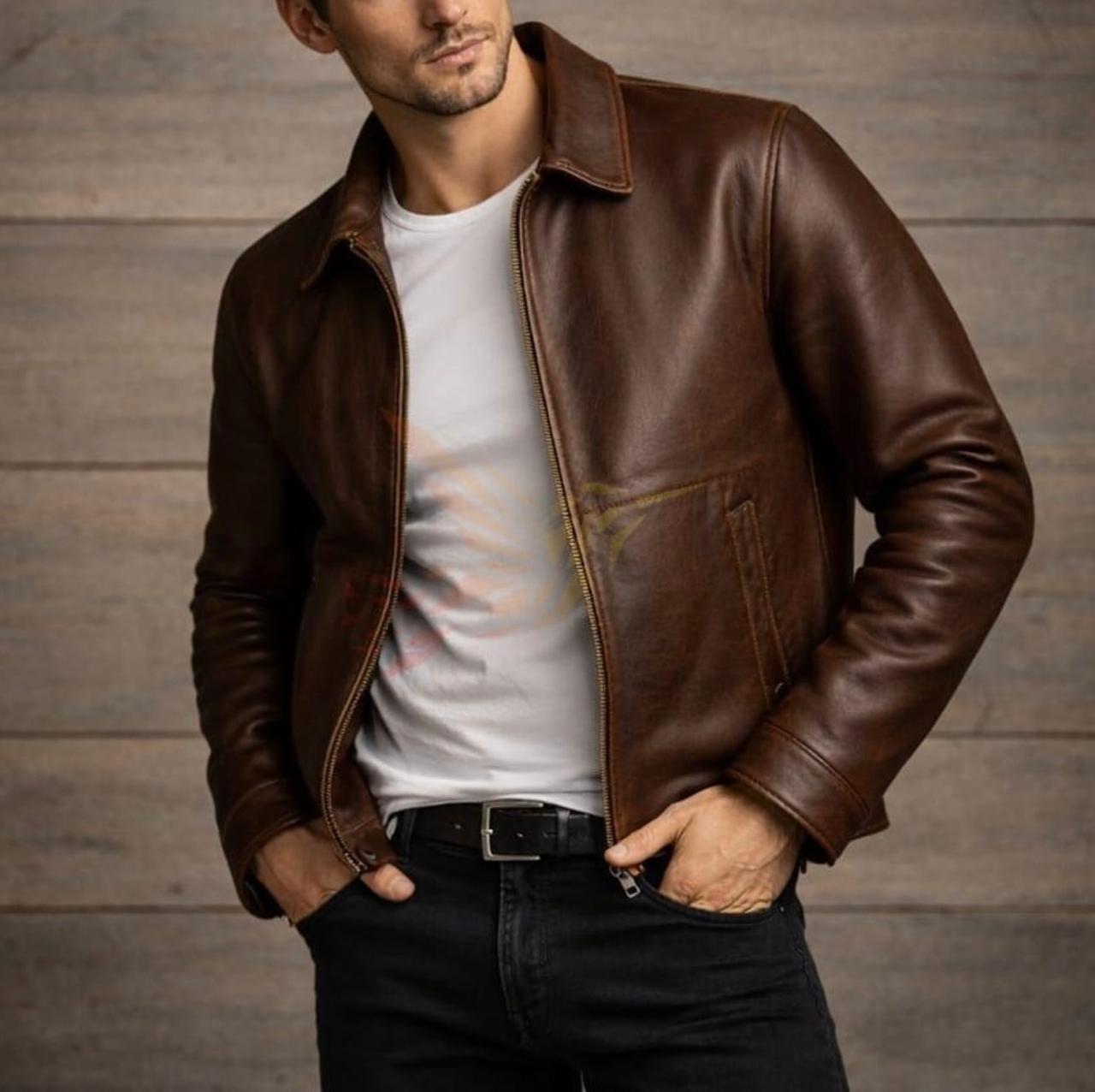 Men’s Classic Distressed Cow Leather Jacket - Image 3